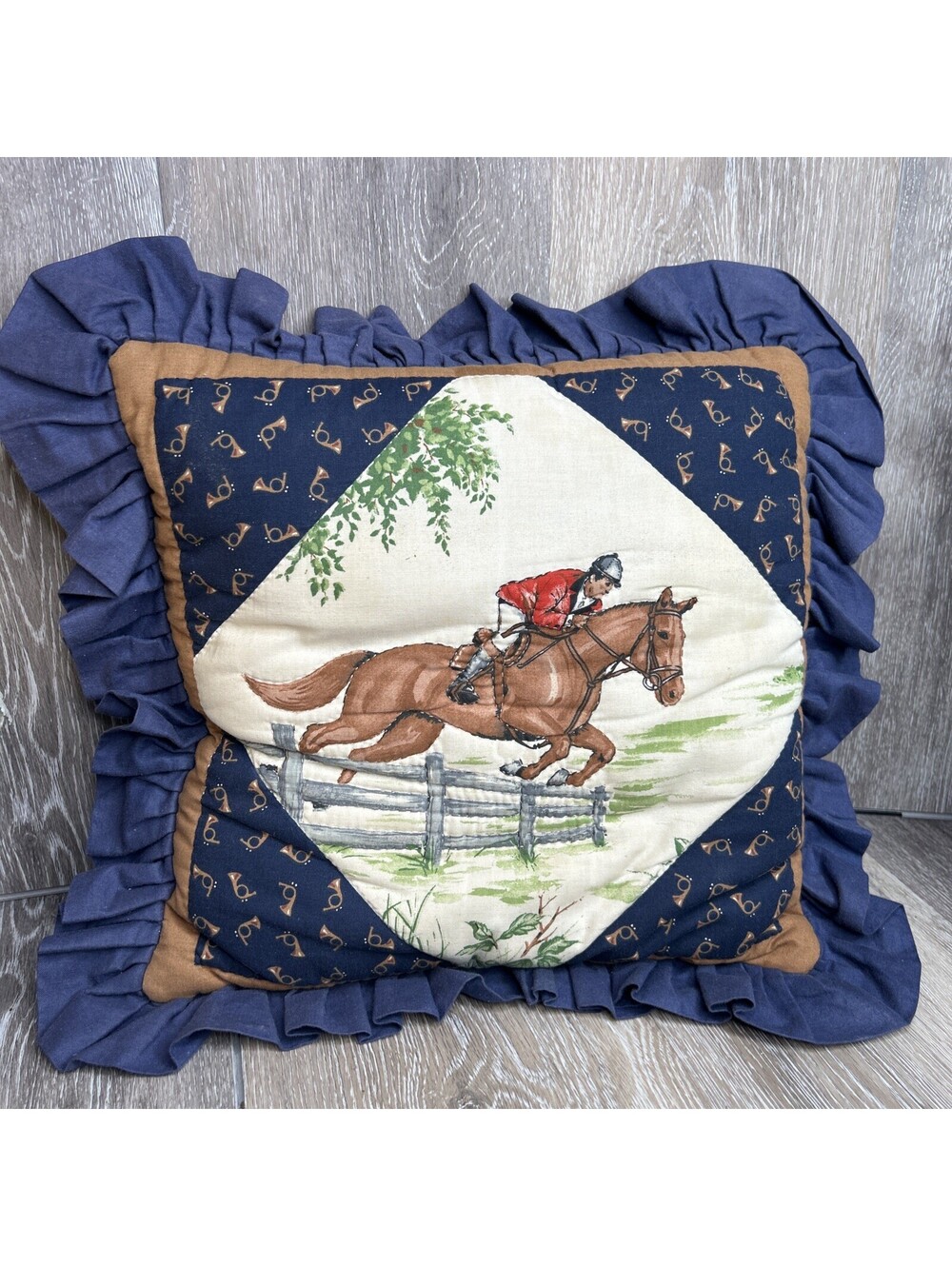 Vintage Needlepoint Equestrian Pillow Horse Rider Dog Fox Hunt Back...